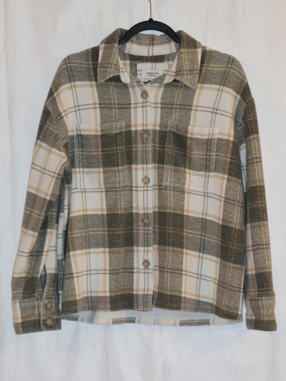 American Eagle Fleece Plaid Shacket-Neutral Brown, Olive, & Cream. Small.